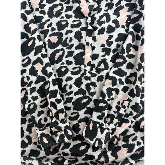 Talbots Womens Pink Black Leopard Print Split V-Neck Blouse Long Sleeve Size L - Picture 2 of 8